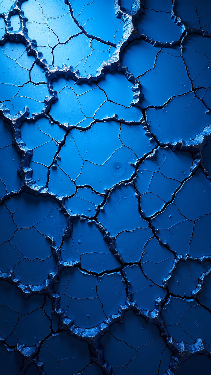 Detailed illustration of cracked earth in shades of blue, evoking drought and resilience.