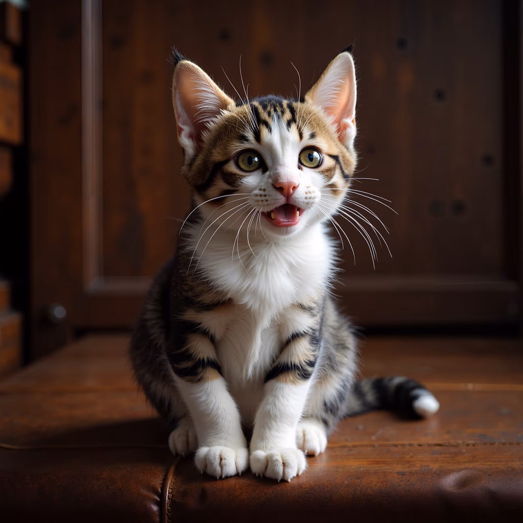 Close-up of a calico kitten with green eyes, sitting on leather, warm wooden tones in the background.