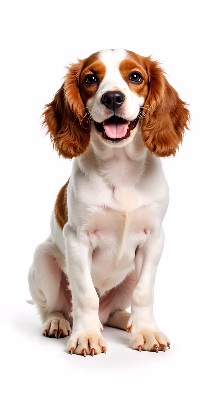 A charming Cavalier King Charles Spaniel illustration with a cheerful expression and detailed fur, set against a plain white background.