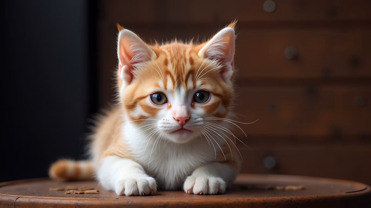 Close-up of a cute ginger kitten with green eyes, lying on a wooden surface.