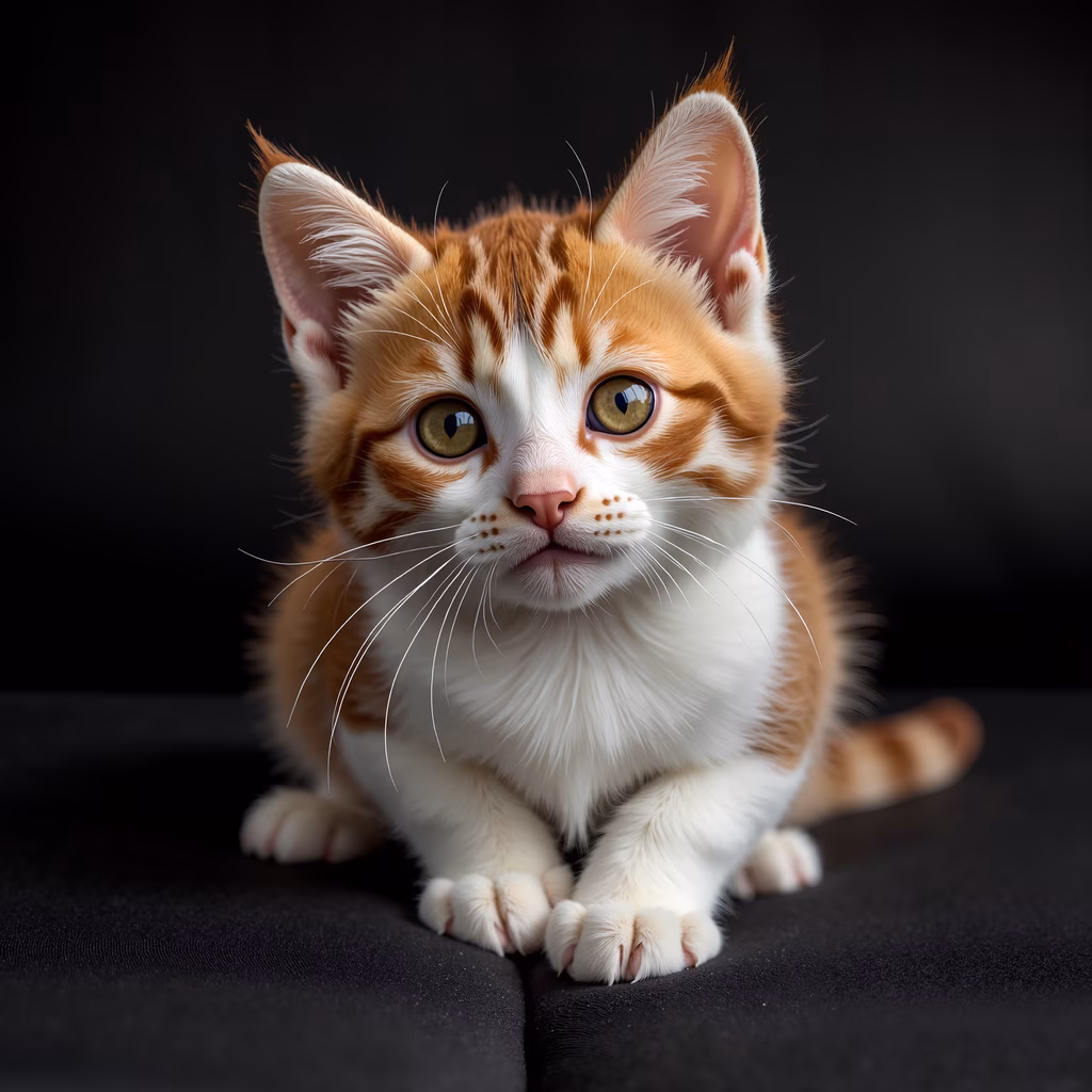 A charming illustration of a kitten with golden eyes and orange-white fur, sitting on a dark surface.