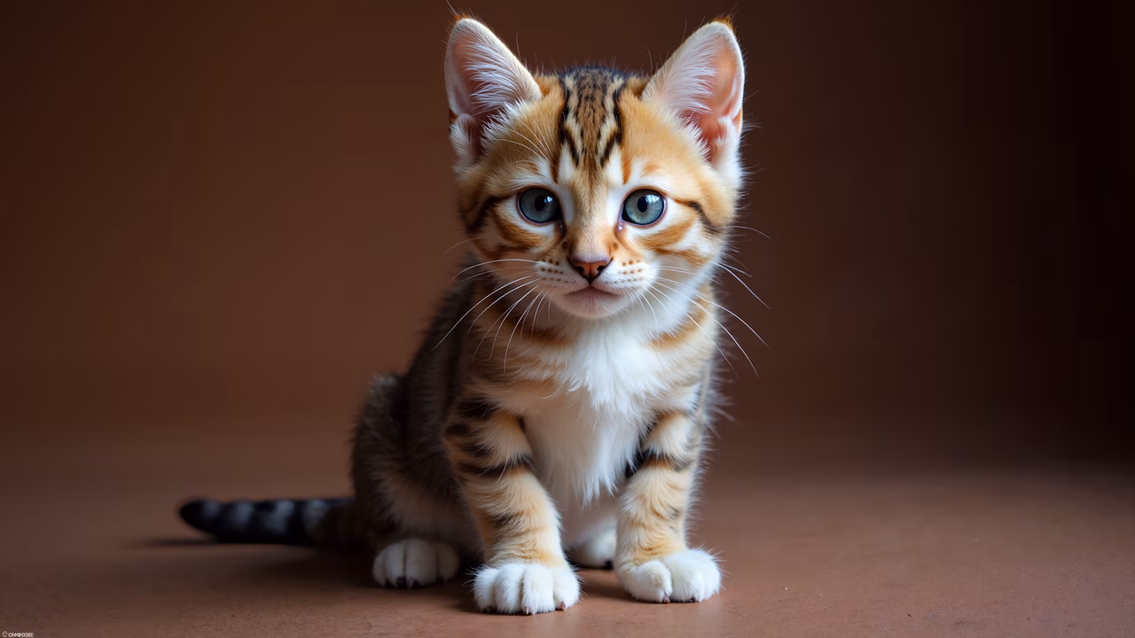 Close-up of a cute kitten with green eyes and orange fur, sitting on a brown surface.