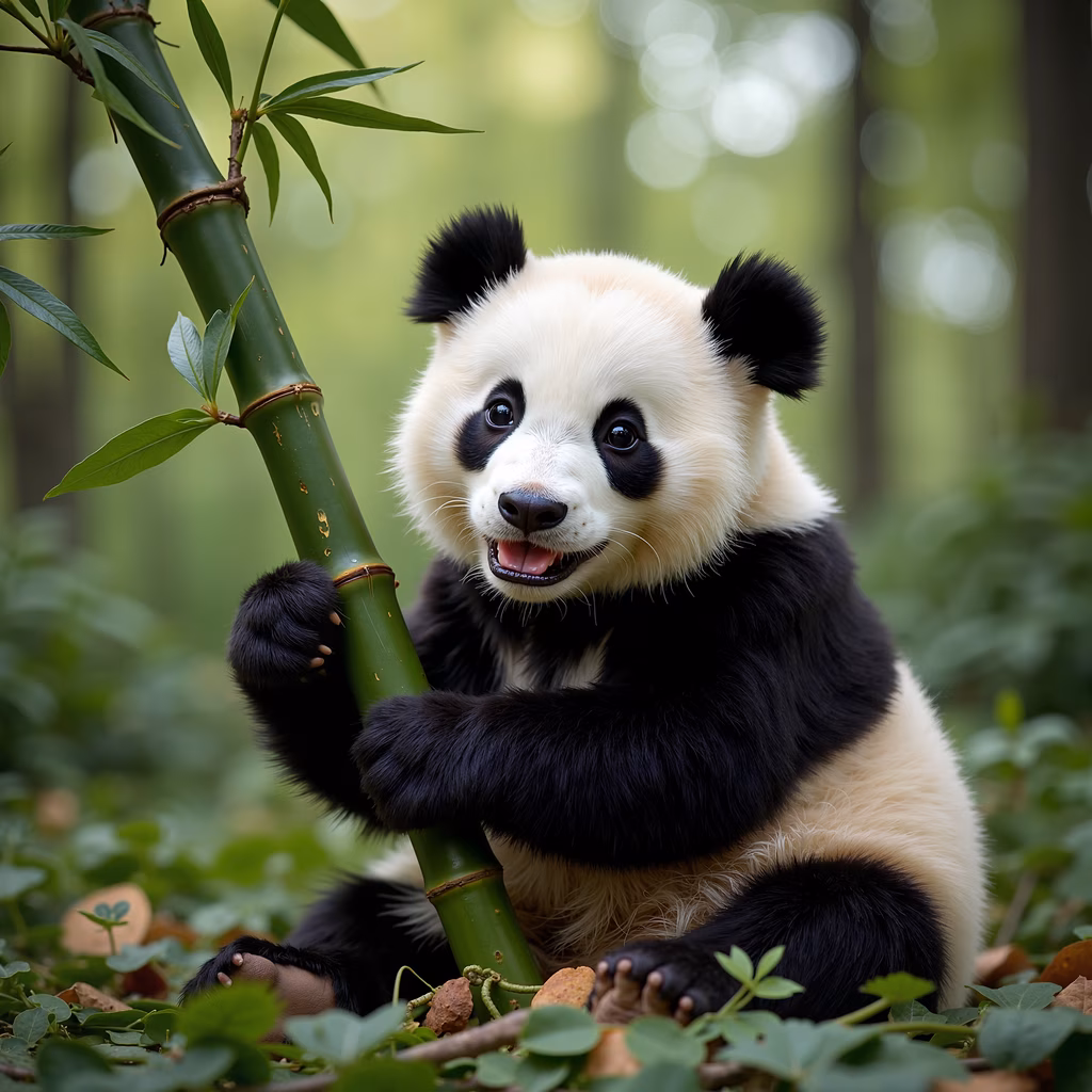 Adorable panda cub playing with bamboo in a lush green forest.