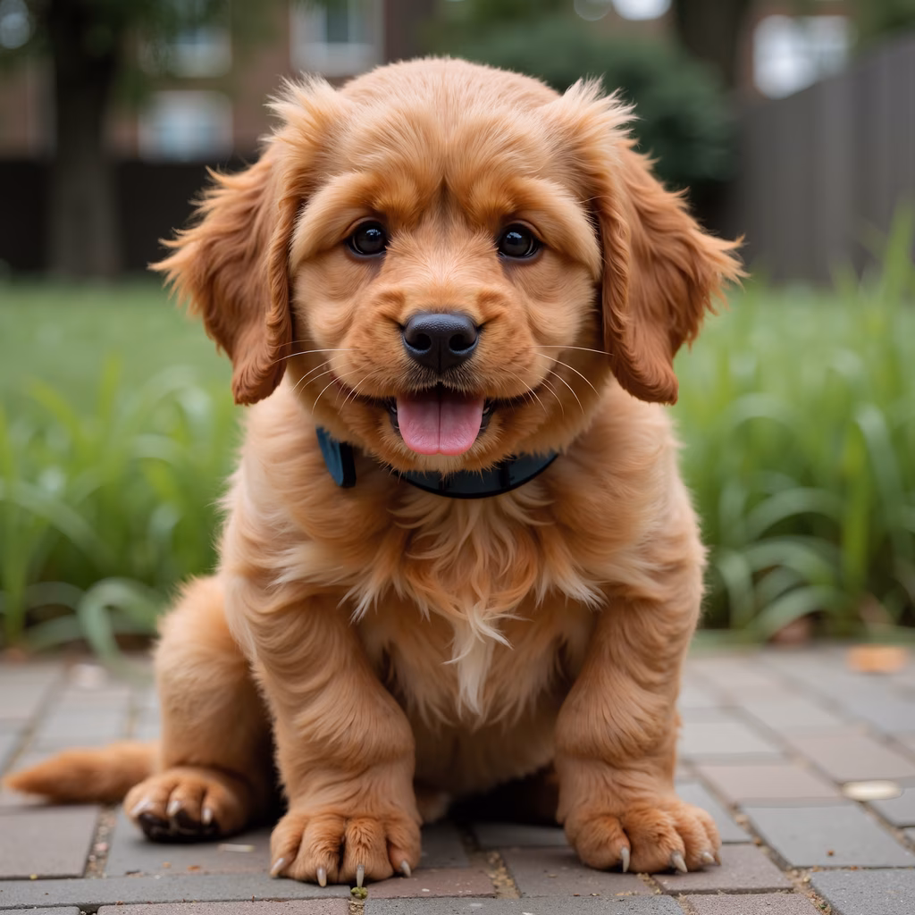 Close-up portrait of a fluffy golden puppy with a happy expression, sitting on a paved surface surrounded by greenery.