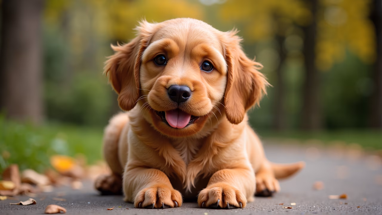 Close-up portrait of a happy puppy with floppy ears and a pink tongue, lying on a paved path surrounded by greenery and fallen leaves.