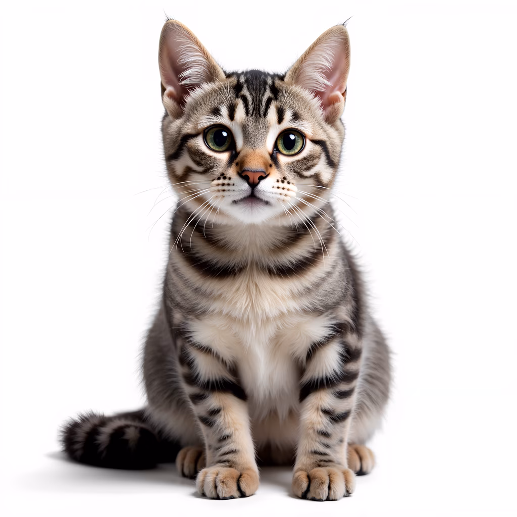 Close-up of a tabby kitten with green eyes, detailed fur, and a plain white background.