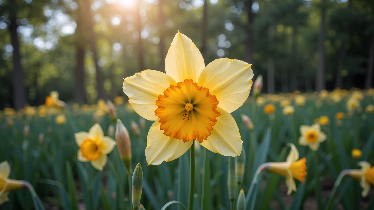 Vibrant daffodil in a lush green field, bathed in soft sunlight.
