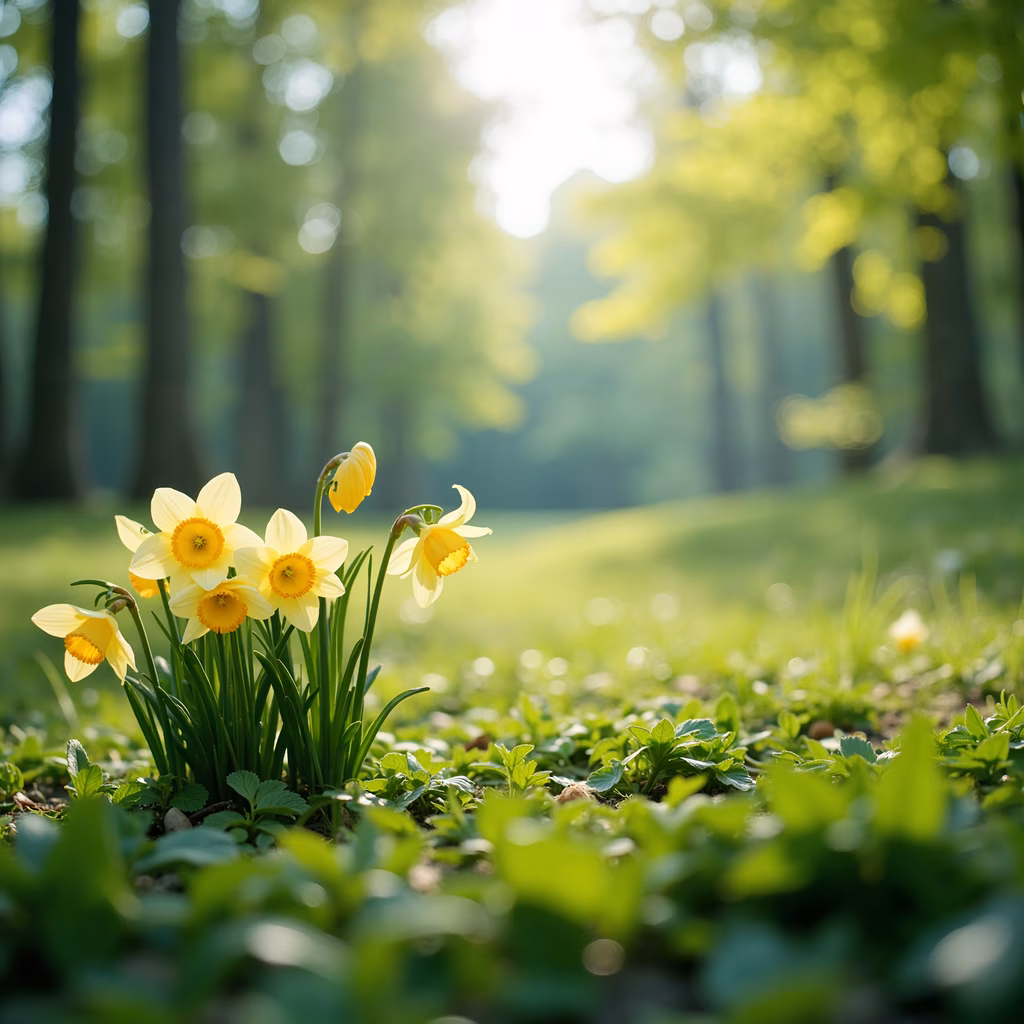Vibrant yellow daffodils in a serene forest setting