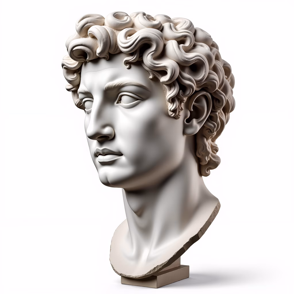 A detailed bust sculpture of David, showcasing realistic textures and subtle shading.