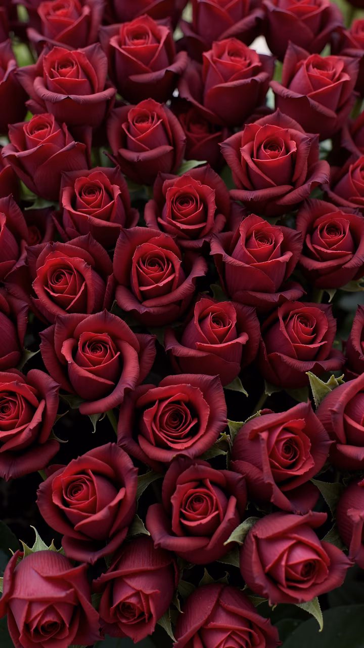 Close-up of deep red roses with intricate petal structures and vibrant hues against a dark background.
