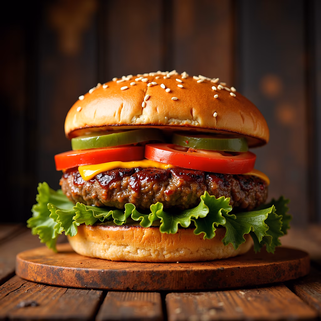 A close-up of a delicious cheeseburger with fresh ingredients and melted cheese, perfect for food enthusiasts.