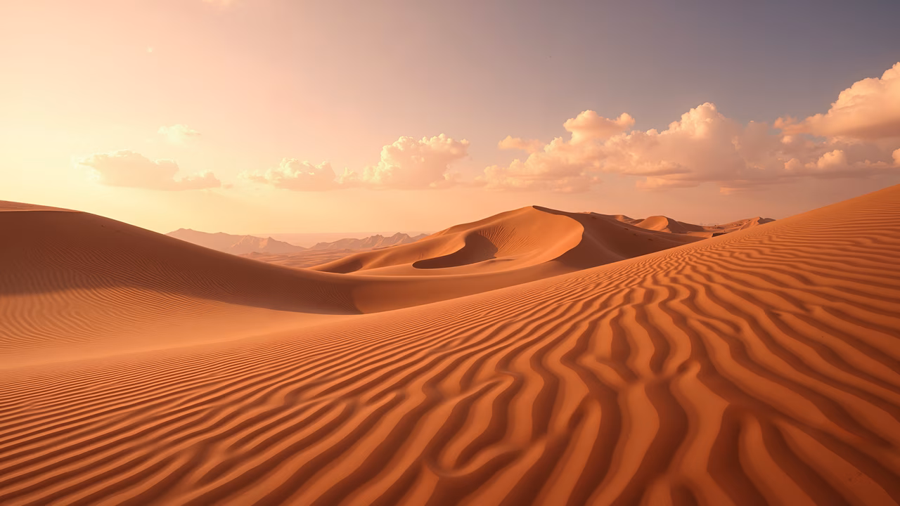 A tranquil desert landscape with textured sand dunes and soft clouds.