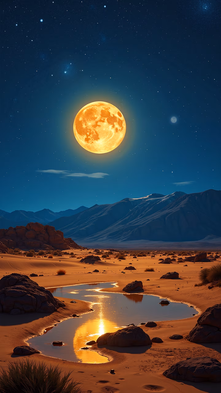 A tranquil desert scene illuminated by a full moon, featuring sand dunes, rocks, and a reflective water pool.