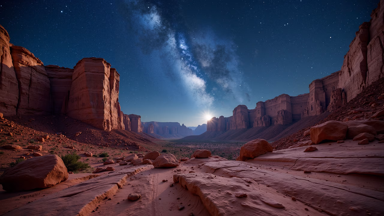 A stunning desert landscape under a starlit sky, featuring towering red rock formations and a vast expanse of desert terrain.