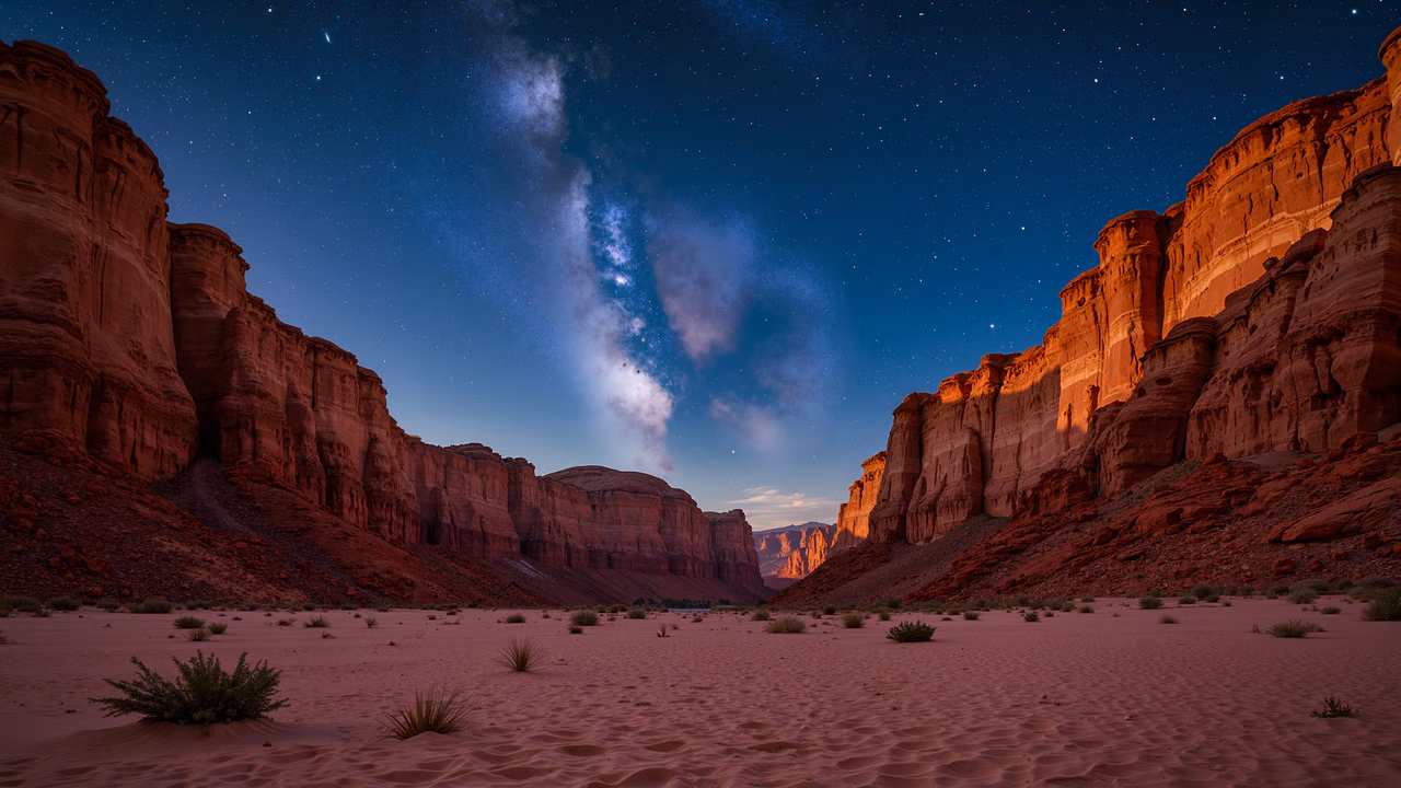 A breathtaking desert landscape under a starlit sky, featuring towering red rock formations and a vibrant Milky Way.