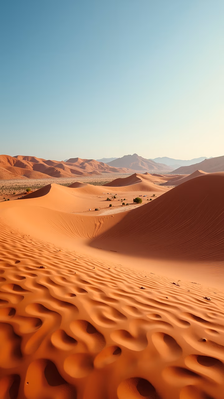 Rolling desert sands under a clear blue sky, serene and majestic landscape