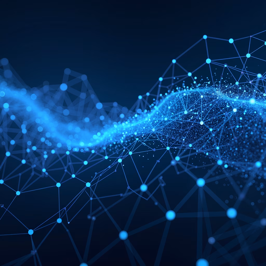 Dynamic digital network illustration with glowing dots and flowing particles on a dark background.