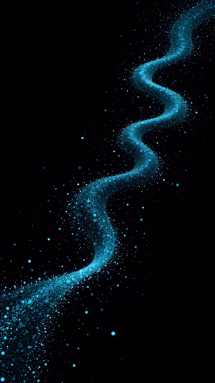 Glowing DNA strands on a dark background with blue particles, scientific illustration.