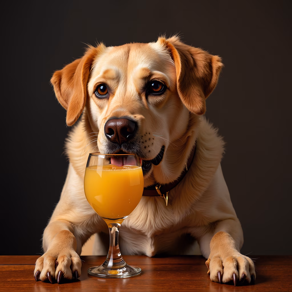 Golden retriever puppy drinking orange juice on a wooden table
