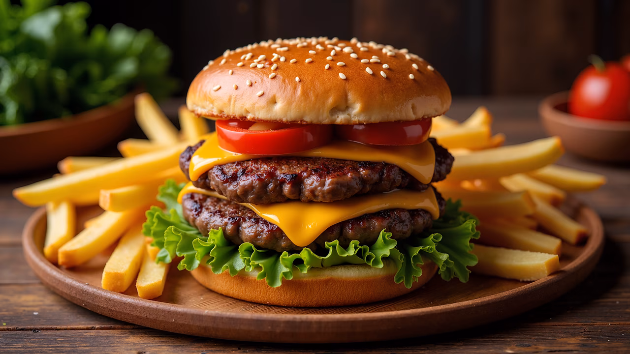 Double cheeseburger, beef patties, melted cheese, lettuce, tomato, French fries, wooden plate