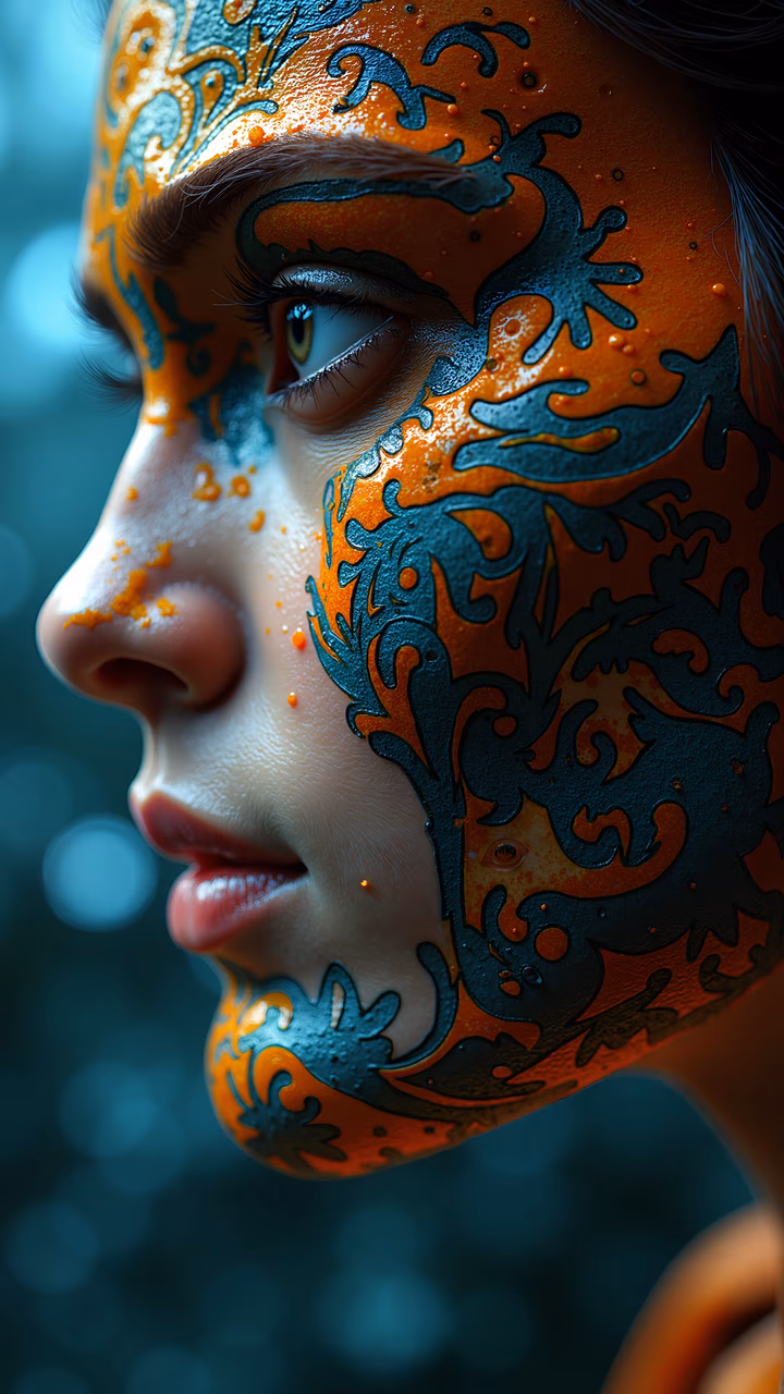 Close-up of dragon-patterned face in vibrant colors, fantasy art