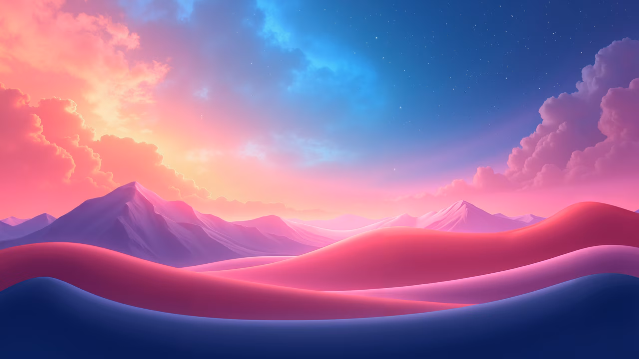 A tranquil scene of rolling hills and distant mountains under a starlit sky, painted in soft pink and purple tones.