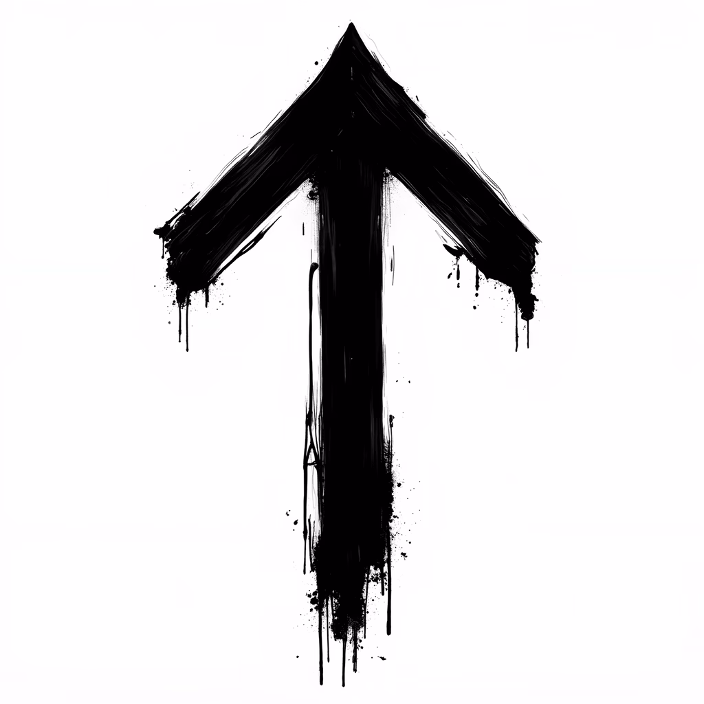 A bold black arrow with dripping paint on a white background, creating a dramatic and abstract visual impact.