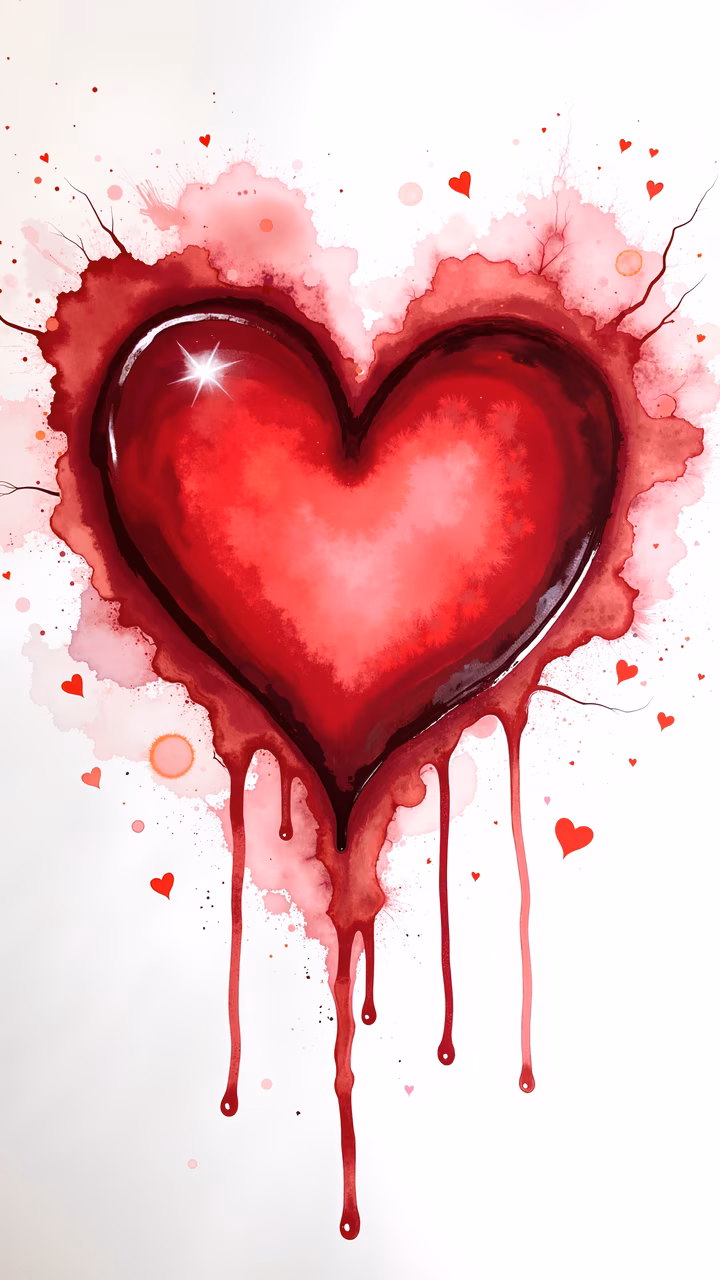 A dripping heart illustration with vibrant red and pink tones, expressing love and emotion.