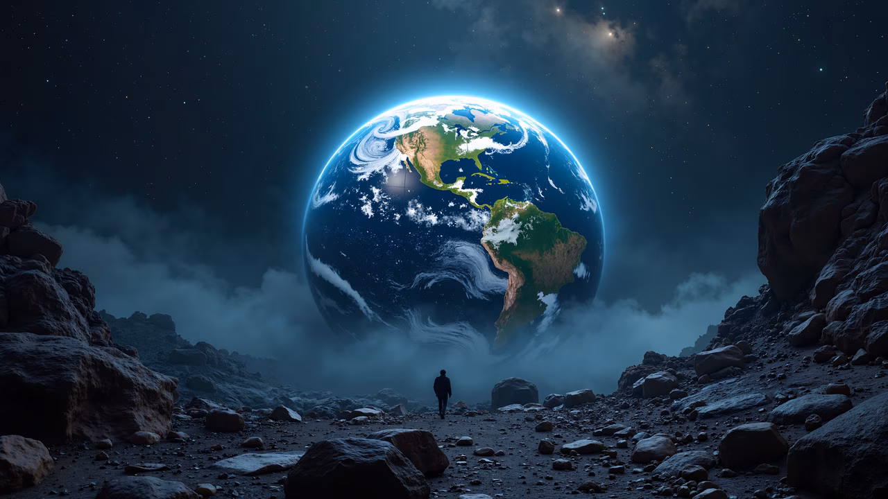 Giant Earth floating above rocky terrain in a surreal landscape under a starry night sky.