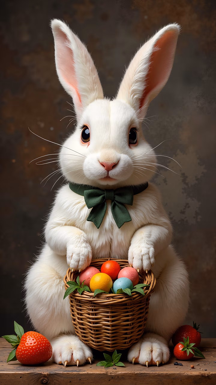 Cute Easter bunny with basket of colorful eggs and strawberries, cartoon style.