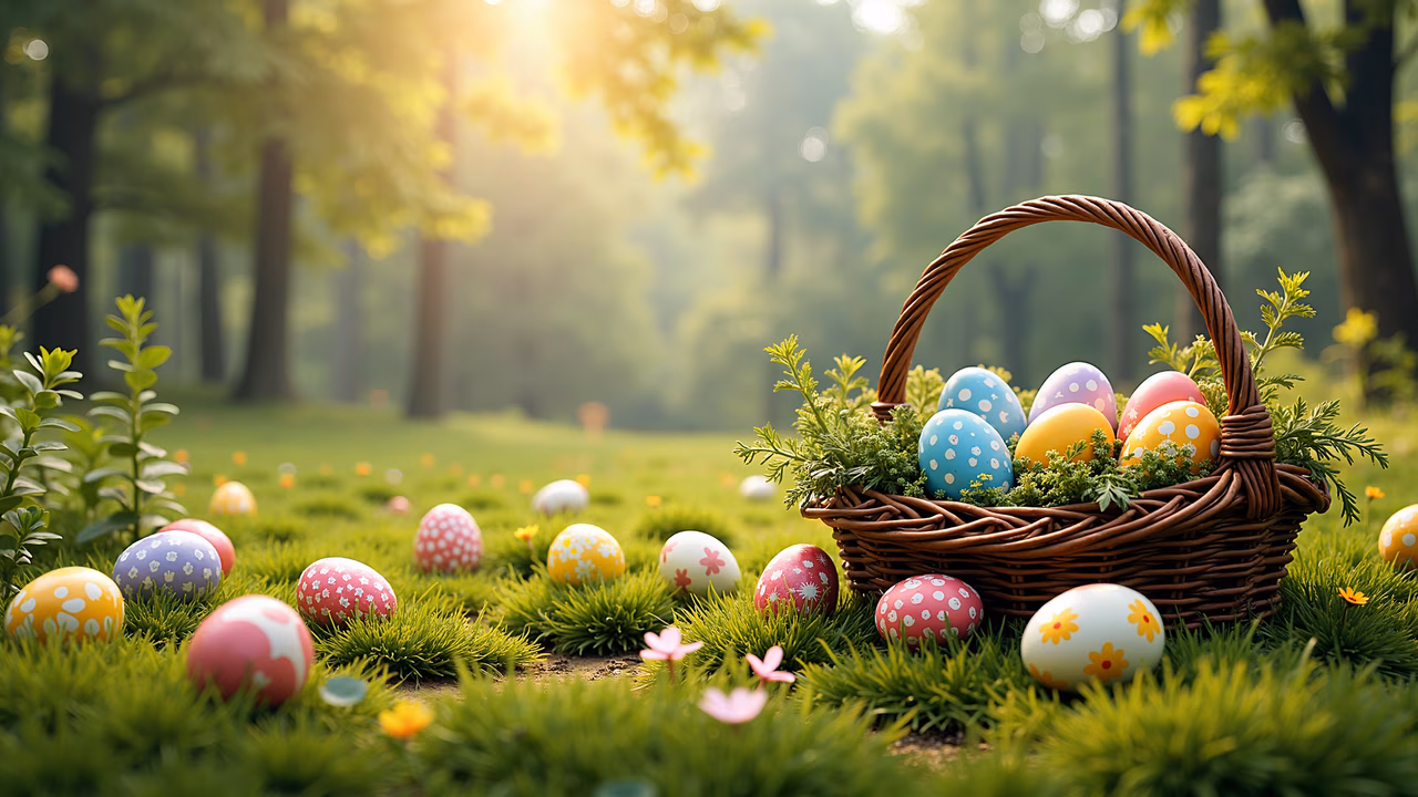 Colorful Easter eggs in a basket amidst a green meadow, surrounded by flowers and trees, bathed in soft sunlight.