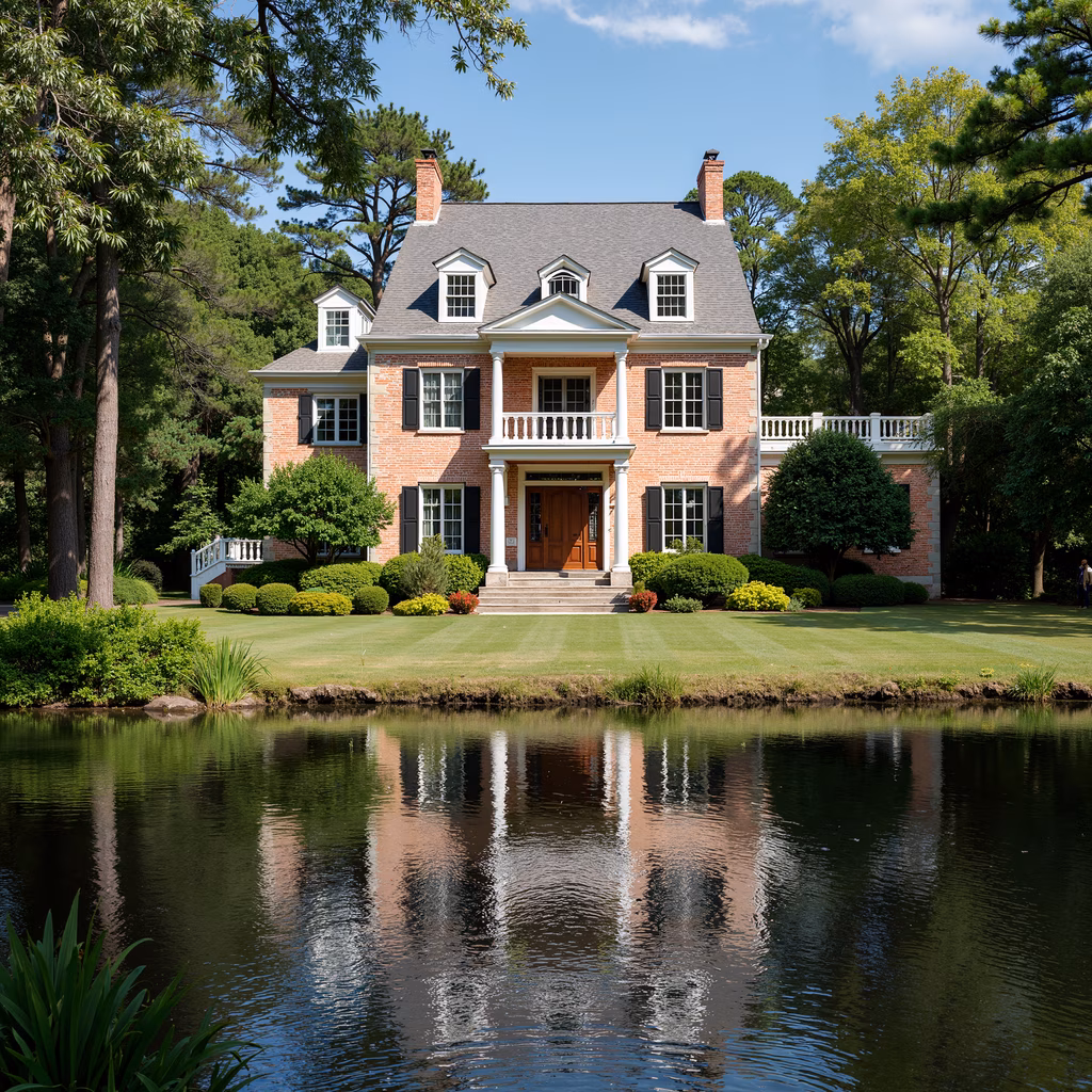 Elegant brick mansion with perfect reflection in tranquil pond, surrounded by lush greenery and tall trees.
