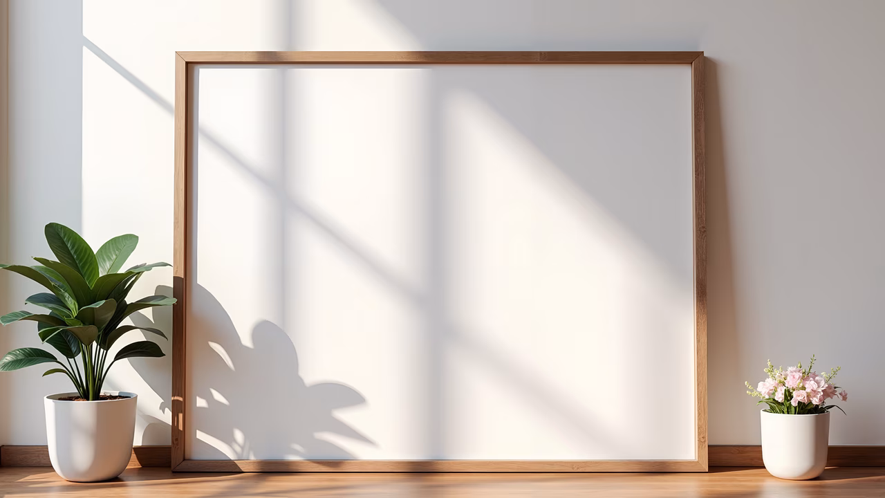 Minimalist interior with empty frame, shadows, and plants