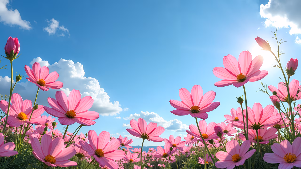 A serene field of pink cosmos flowers under a clear blue sky, bathed in natural sunlight.