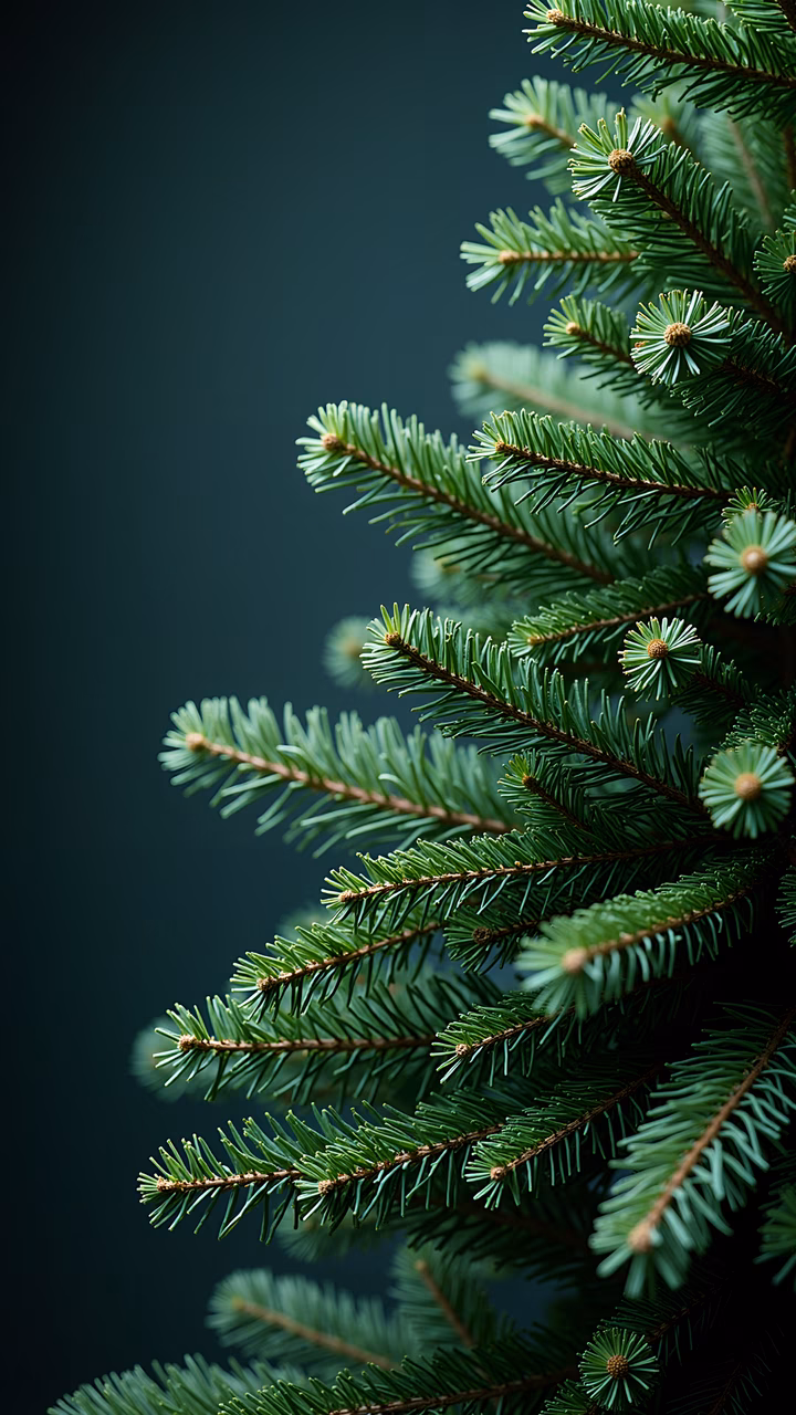 Close-up of fir branches with vibrant green needles, detailed structure, dark background