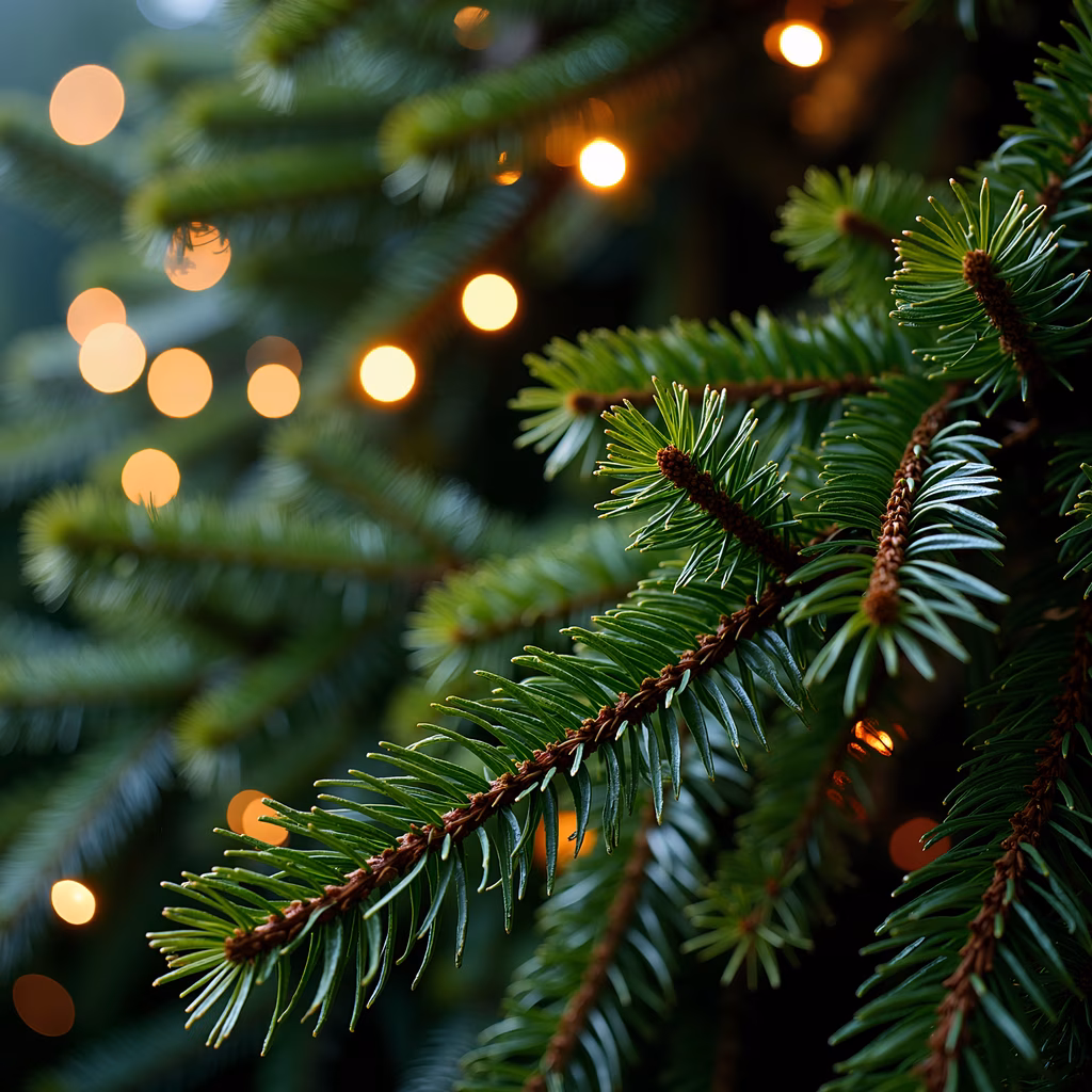 Close-up of fir tree branches with warm bokeh lights, evoking a festive and cozy atmosphere.