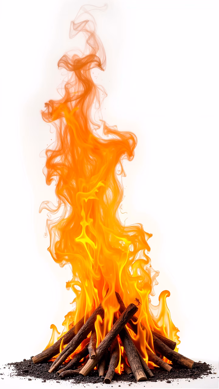Dynamic flaming bonfire illustration with warm hues and ethereal smoke.