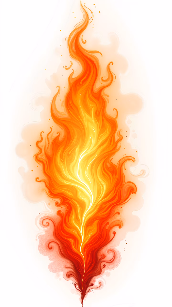Vibrant fire illustration with swirling orange and yellow hues, exuding energy and warmth.