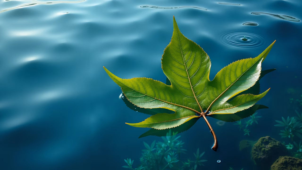 Close-up of a vibrant green leaf floating on calm water, reflecting light beautifully.