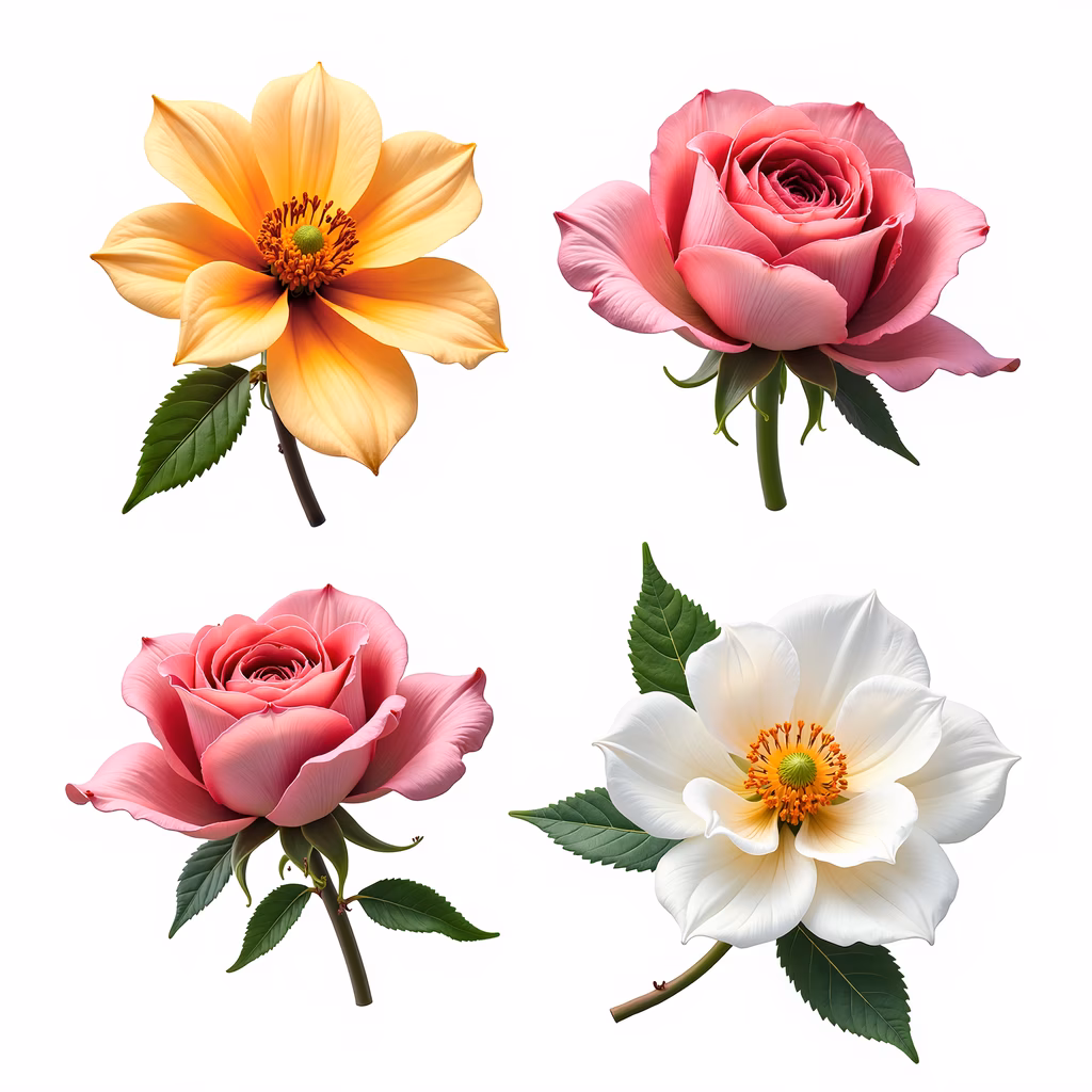 Realistic floral arrangement featuring dahlia and roses in various colors.