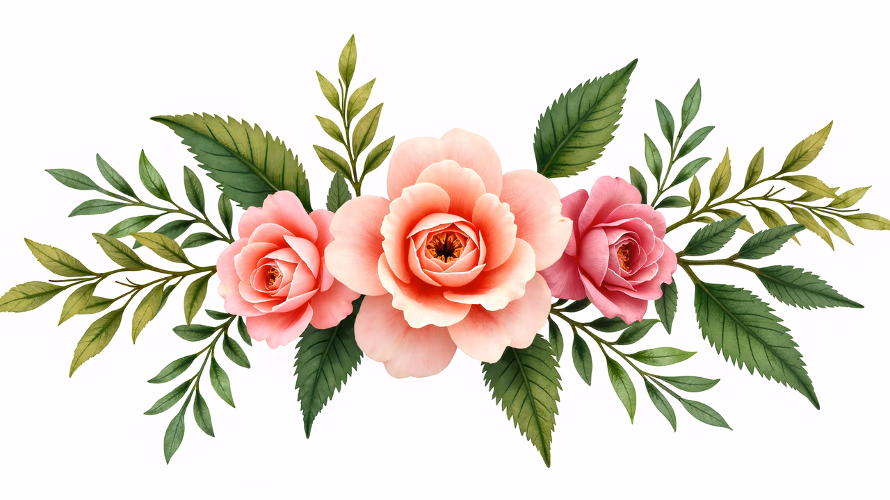 Delicate floral arrangement with pink roses and green leaves, evoking serenity and romance.