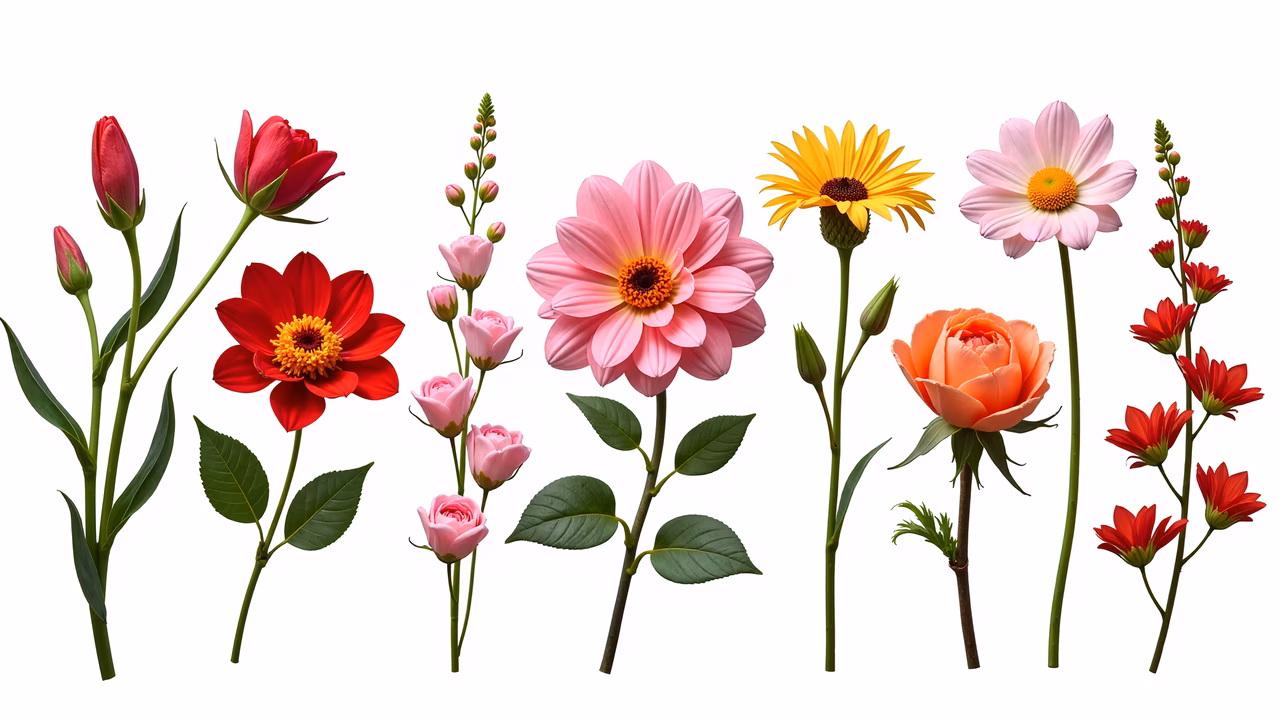 Vibrant floral arrangement featuring dahlias and roses in shades of red, pink, and yellow on a white background.