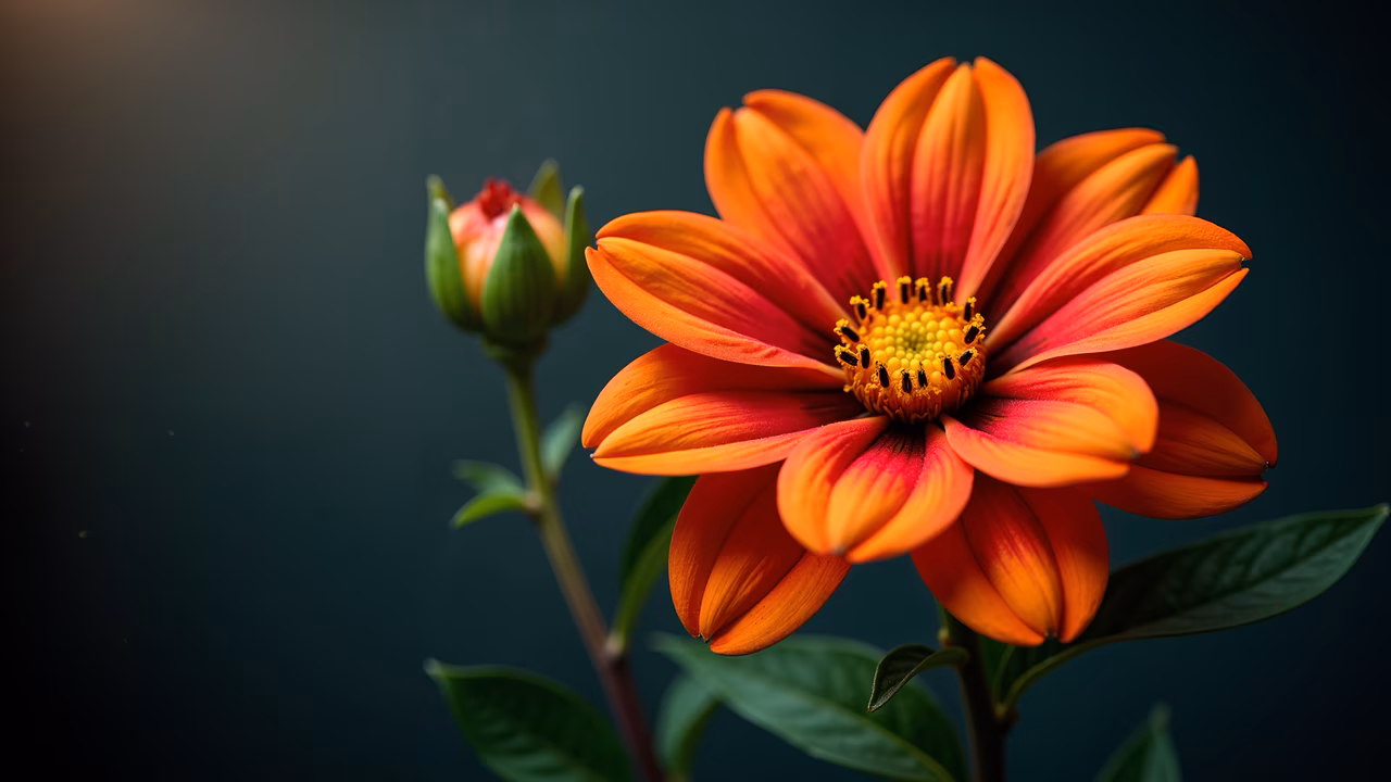 Vibrant orange dahlia in full bloom, nature's floral beauty.