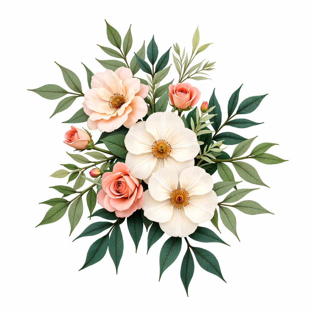 A delicate floral arrangement featuring roses and peonies with vibrant green leaves, perfect for home decor or event decoration.