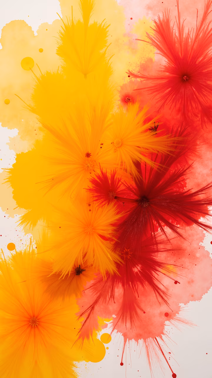Vibrant floral burst illustration with bold yellow and red splashes, dynamic brushstrokes, and vivid colors.