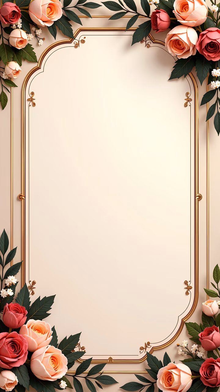 Luxurious golden frame with roses and greenery, soft pastel colors, elegant design