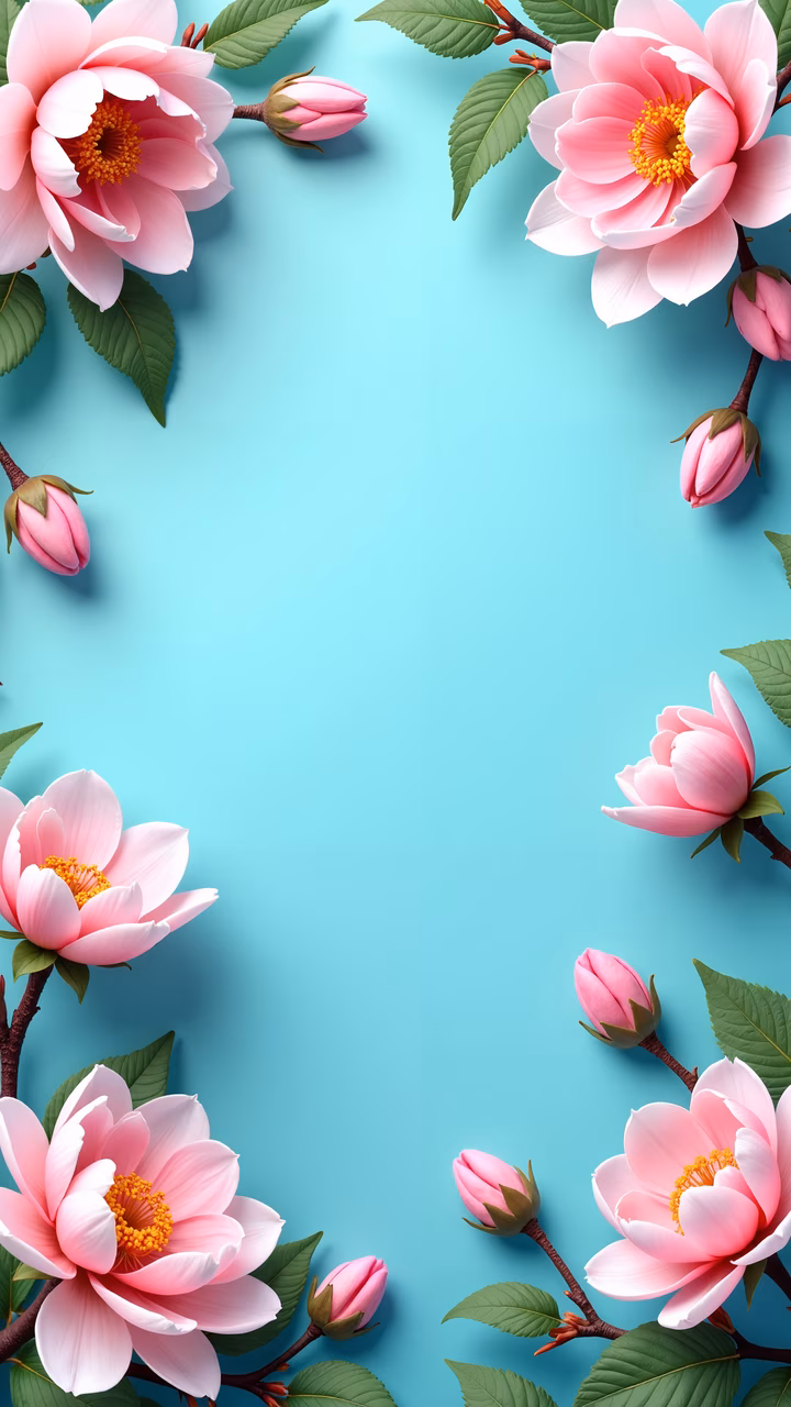 Delicate pink flowers and lush green leaves arranged in a symmetrical floral frame on a soft turquoise background.