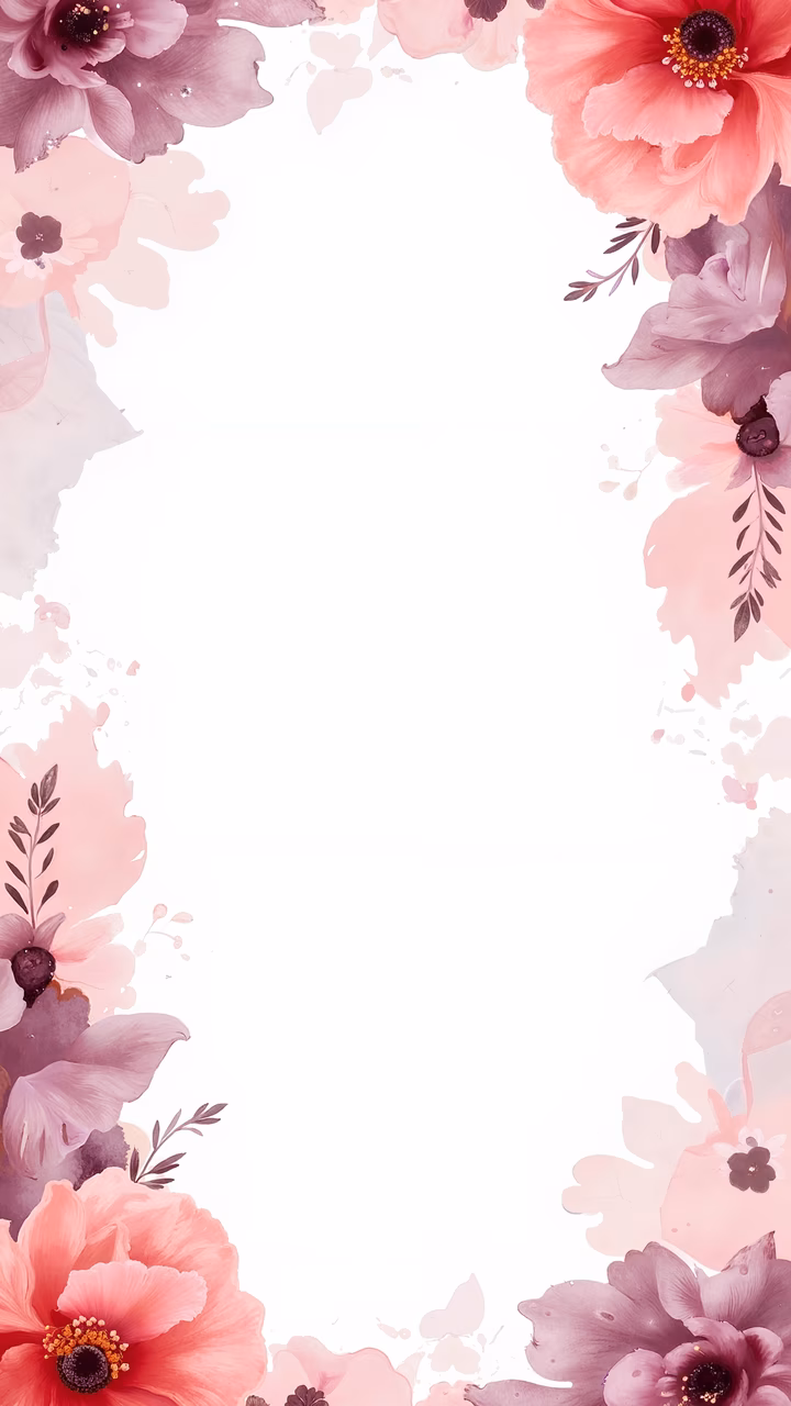 Delicate floral frame with soft pink and purple hues, symmetrical arrangement, watercolor style, gentle and dreamy atmosphere.
