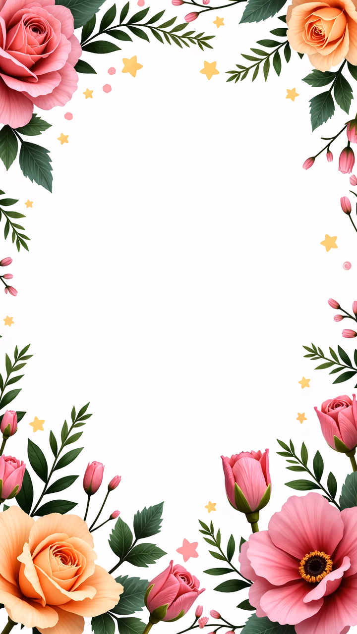 Vibrant floral frame with pink and peach roses, green leaves, and yellow stars on a white background.