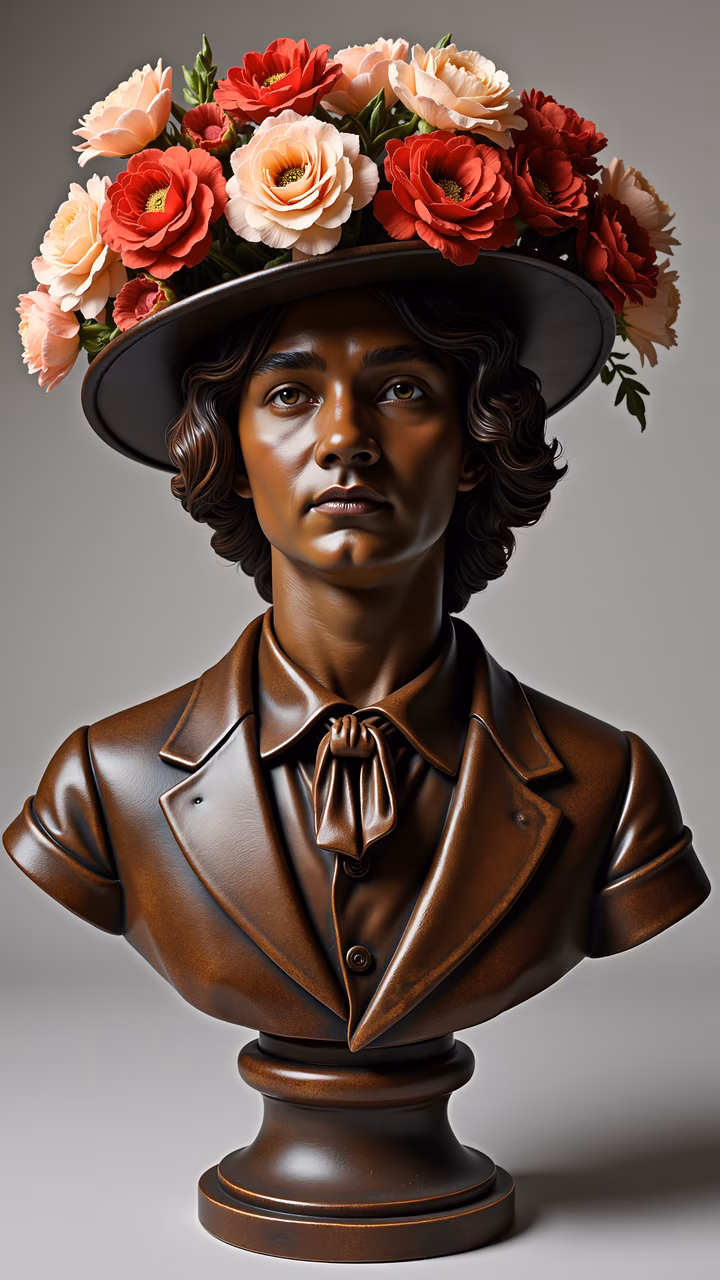 A detailed illustration of a bust wearing a floral hat, combining realism and vintage charm.